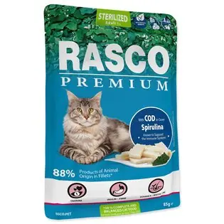 Un pachet de cod Rasco Premium Sterilizat cu spirulina 85g Chilipir