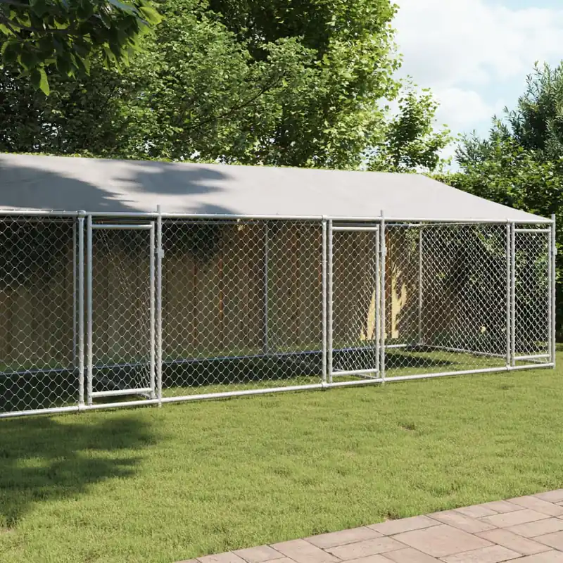 Reducere de preț Gossi cusca caini cu acoperis si usi, gri, 8x2x2 m, otel galvanizat