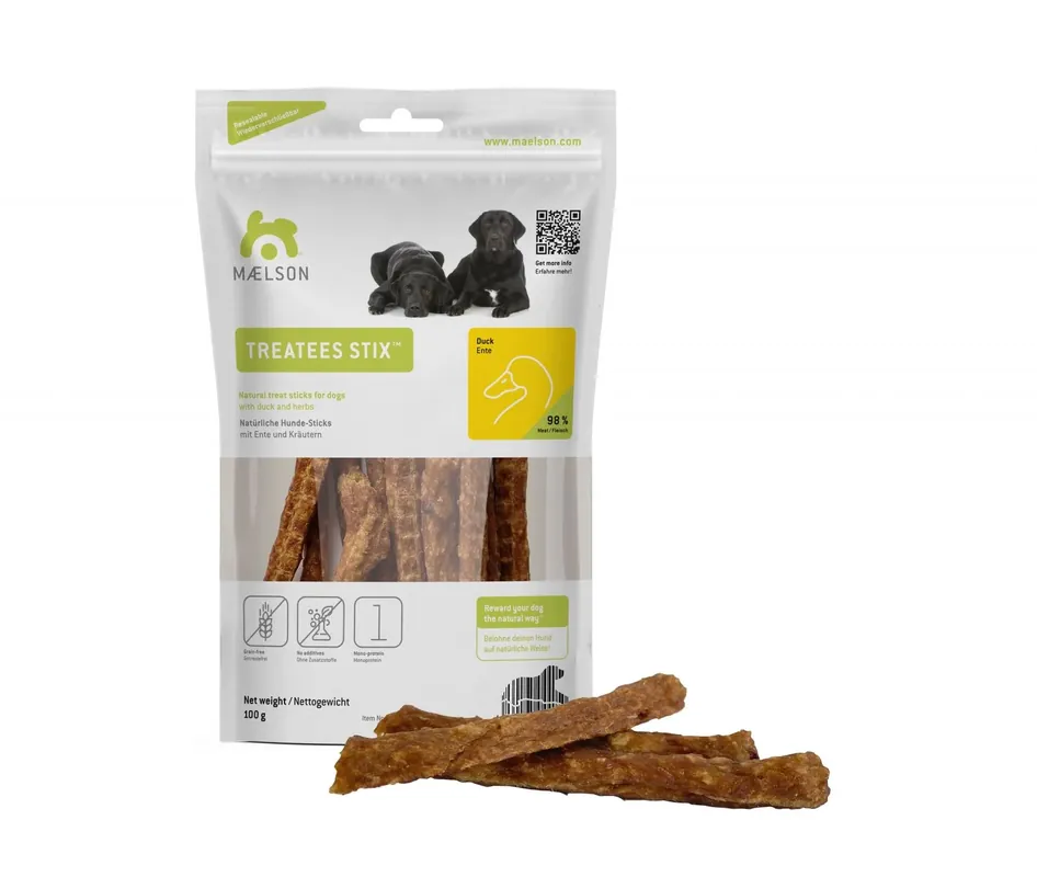 Cel mai vândut Batoane naturale de ros pentru câini din carne de rata, Treatees Stix 100 Duck, 13 x 2 x 22.5 cm, 100 g