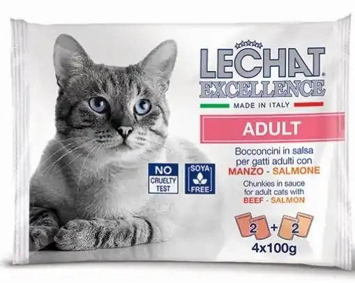 Livrare expres Hrana Umeda pentru Pisici, LeChat Excellence Adult, cu Vita/Somon In Sos, 4 x 100 g