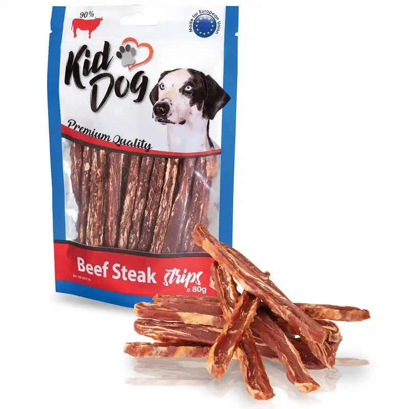 Retur gratuit KIDDOG Fasii Friptura de Vită pentru Câini, 80g – Recompense Naturale cu 95% Carne