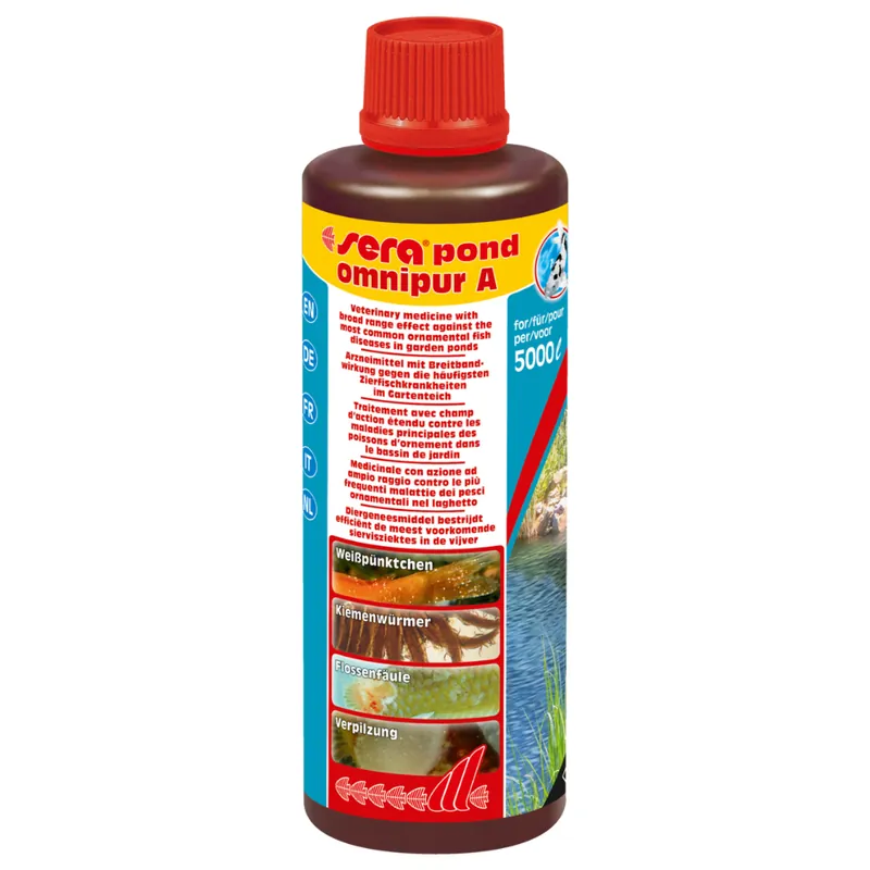 Expediere rapidă SERA Pond Omnipur A, Tratament Complet pentru Cele Mai Frecvente Boli ale Peștilor de Iaz, 250ml