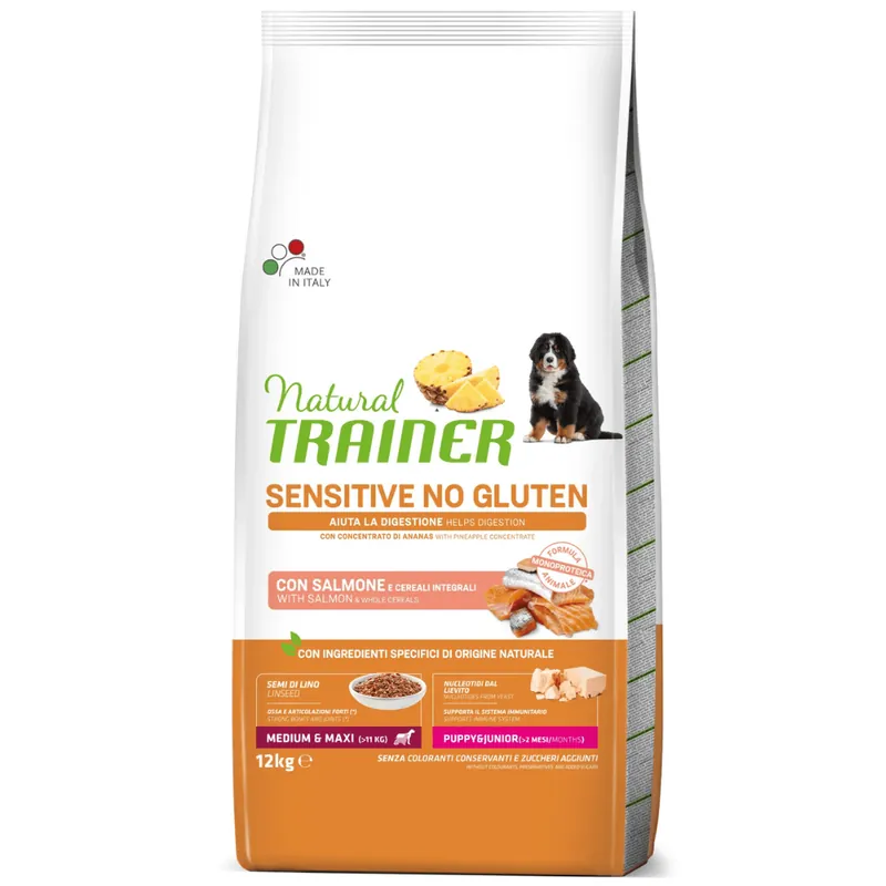 Cel mai bun preț NATURAL TRAINER Dog Sensitive, No Gluten, Medium / Maxi Puppy & Junior, cu Somon, Hrana Uscata Monoproteica Pentru Catelusi de Talie Medie si Mare 12kg