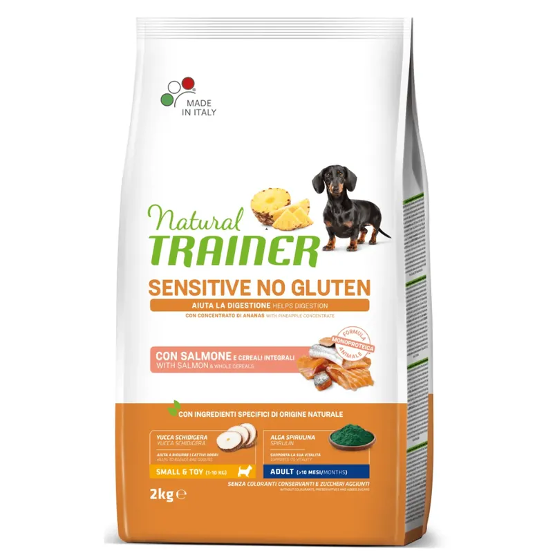 Reducere NATURAL TRAINER Dog Mini Adult Sensitive No Gluten cu Somon, Hrană Uscată Monoproteică pentru Câini de Talie Mică, 2kg