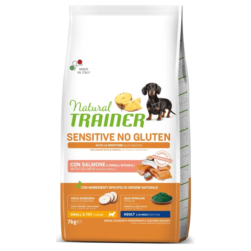 NATURAL TRAINER Dog Mini Adult Sensitive No Gluten cu Somon, Hrană Uscată Monoproteică pentru Câini de Talie Mică, 7kg Preț promoțional