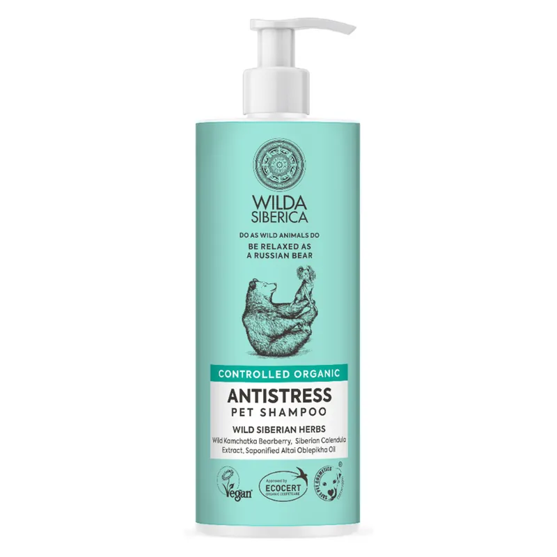 Ofertă exclusivă WILDA SIBERICA Șampon Vegan Antistres, cu Strugurii Ursului, pentru Câini și Pisici cu Piele Sensibilă și Senzatie Acuta de Prurit, 400ml