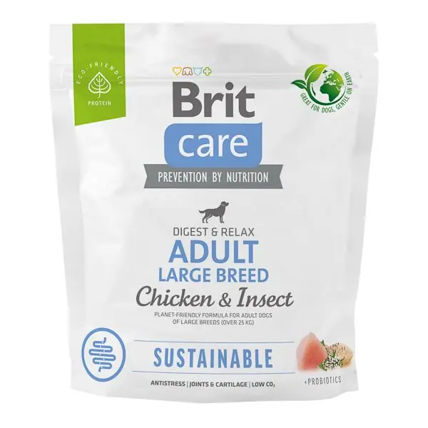 Retur gratuit BRIT CARE Sustainable Adult Large Breed, cu Pui și Insecte, Hrană Uscata Sustenabila pentru Câini Adulți de Talie Mare, Fără Gluten, 1kg