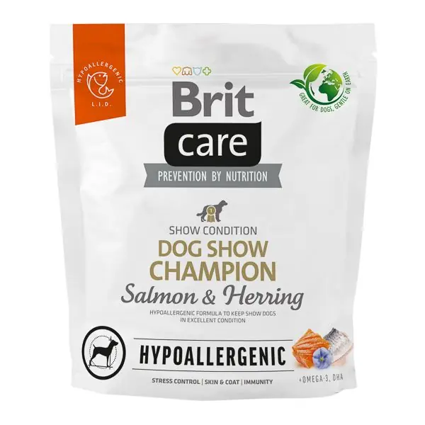 Super ofertă BRIT CARE Hypoallergenic Dog Show Champion, cu Somon si Hering, Hrană uscata Hipoalergenica, Monoproteică pentru Câini de Expoziție, 1kg