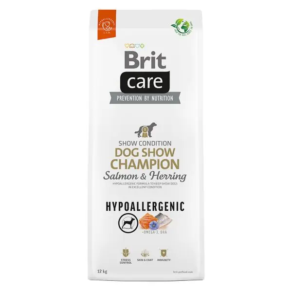 Livrare expres BRIT CARE Hypoallergenic Dog Show Champion, cu Somon si Hering, Hrană uscata Hipoalergenica, Monoproteică pentru Câini de Expoziție, 12kg