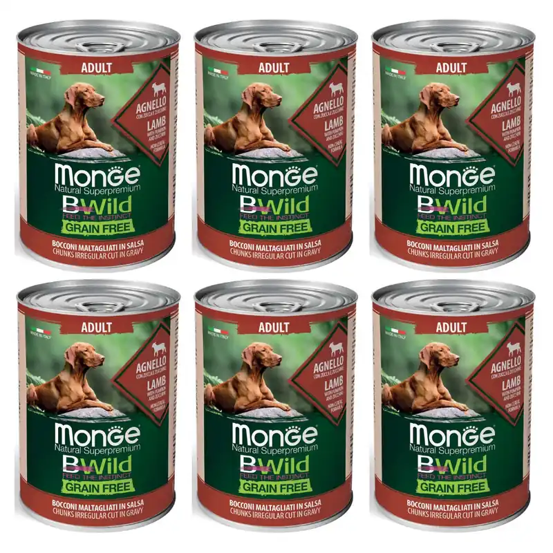 Cel mai bun preț MONGE BWild Adult Grain Free, cu Miel, Dovleac și Dovlecel – Set Conserve Hrană Umedă Fără Cereale pentru Caini (bucatele in sos), 6x400g