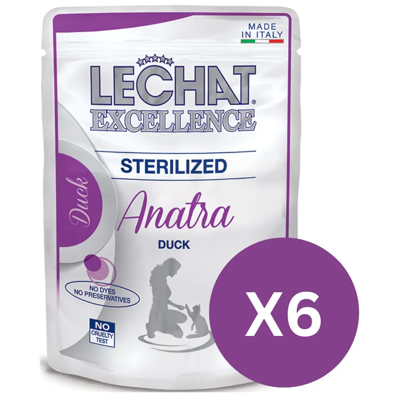 Lichidare de stoc LeChat Excellence Sterelised, cu Rata – Set Plicuri Hrană Umedă pentru Pisici Adulte Sterilizate, (bucățele în sos), 6x100 g