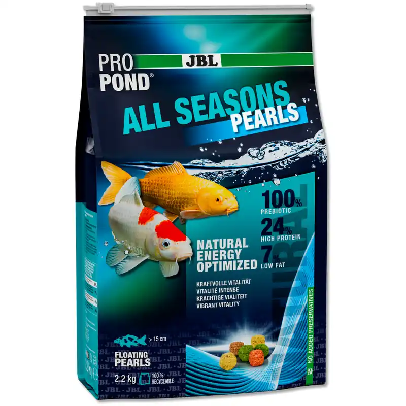 Calitate înaltă JBL ProPond All Seasons Floating Pearls – Hrană Completă, tip Granule Plutitoare, pentru Koi si Pești de Iaz, 24% Proteină, 2.2 kg