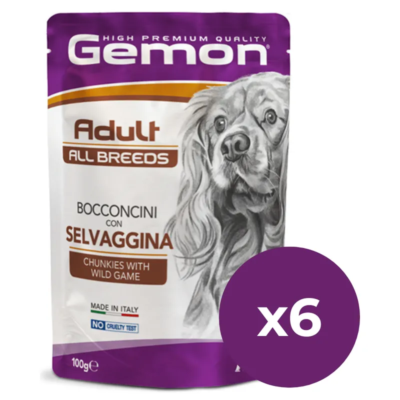 GEMON All Breeds Adult Dog cu Vânat – Set Plicuri Hrană Umedă pentru Câini Adulți, (bucăți în aspic), 6x100g Ofertă de sezon