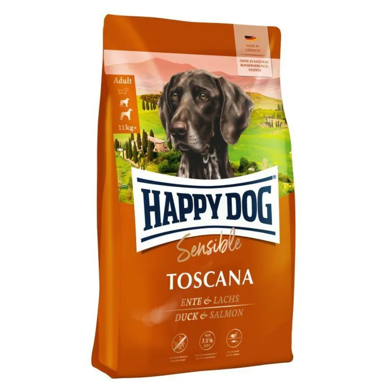 Reducere de preț HAPPY DOG Sensible Toscana, cu Rata si Somon – Hrană Uscată Fără Gluten, cu Conținut Redus de Grăsimi, pentru Câini Adulti Supraponderali Sterilizati, 12.5kg