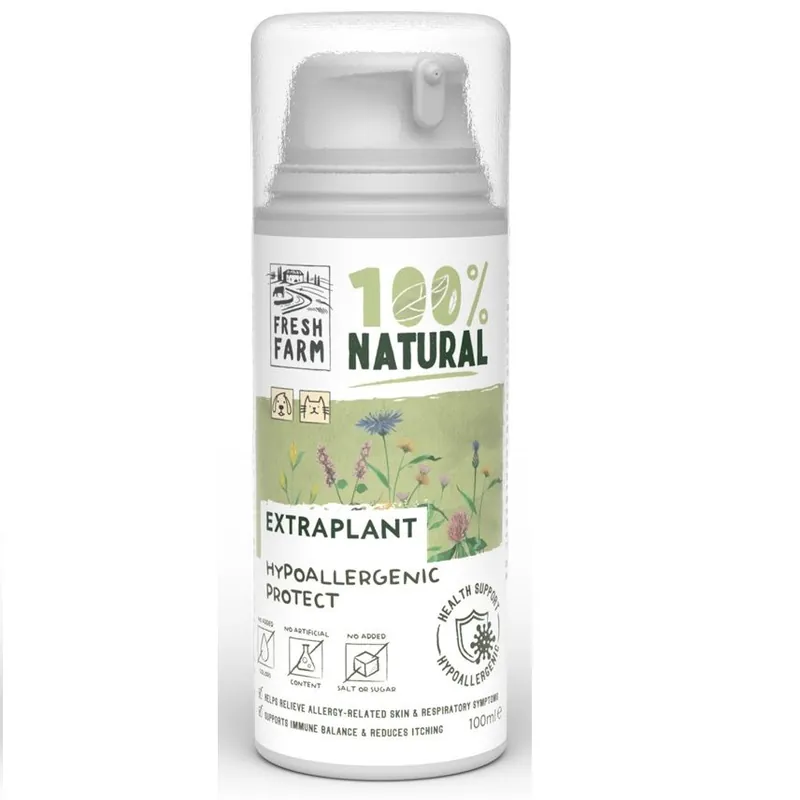 FRESH FARM Extraplant Hypoallergenic Protect 100 ml - Supliment Fitoterapeutic pentru Prevenirea si/sau Atenuarea Reactiilor Alergice, Eczeme si Congestii Respiratorii la Caini si Pisici Preț promoțional