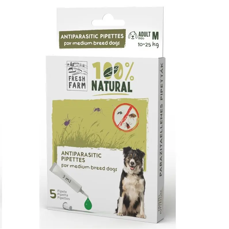 Ofertă exclusivă Fresh Farm Spot-On Caini de Talie Medie M 5x3 ml – Solutie Naturala Antiparazitara cu Extracte Vegetale si Uleiuri Esentiale