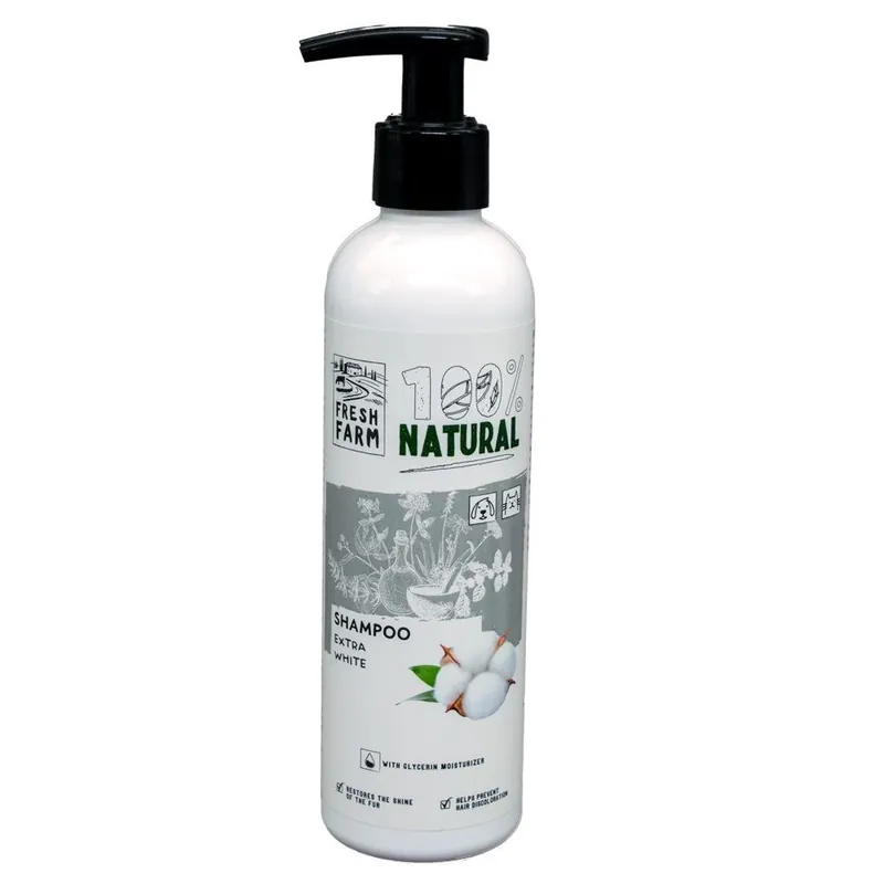 Preț redus FRESH FARM Extra-White Shampoo 250 ml – Sampon pentru Caini si Pisici cu Blana Alba, Intensifica Stralucirea si Reda Albul Natural