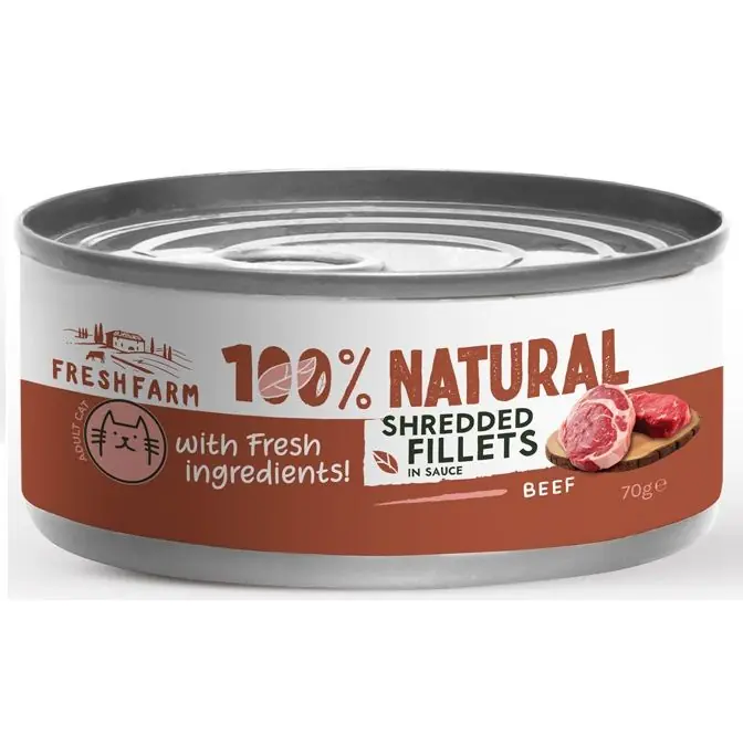 Doar azi FRESH FARM Shredded Fillets, Vita si Pui in Sos, 70 g – Hrana Umeda Fara Cereale pentru Pisici, Fileuri Maruntite in Sos