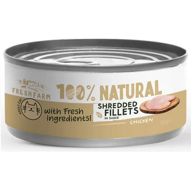 FRESH FARM Shredded Fillets, cu Pui in sos, 70 g – Hrana Umeda Fara Cereale pentru Pisici, Fileuri Maruntite in Sos Reduceri