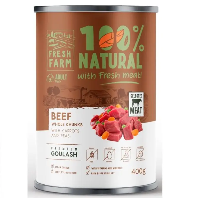 FRESH FARM Goulash cu Vita (80%), Morcovi si Mazare Verde, 400 g - Hrana Umeda Fara Cereale pentru Caini, Reteta Gatita la Aburi Reducere