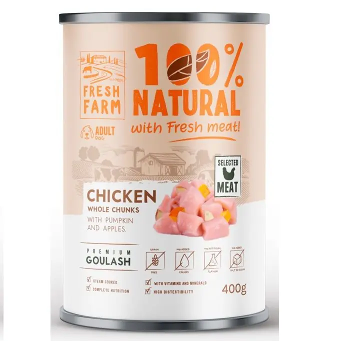 Chilipir FRESH FARM Goulash cu Piept de Pui (80%), Dovleac si Mere, 400 g - Hrana Umeda Fara Cereale pentru Caini, Reteta Gatita la Aburi
