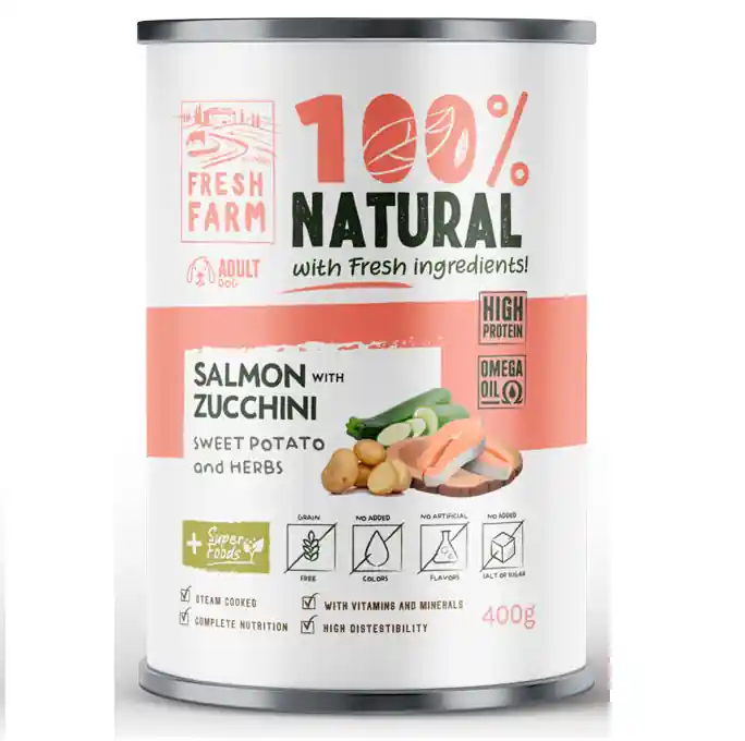 FRESH FARM Coarse Pate cu Somon, Dovlecel si Cartofi Dulci, 400 g - Hrana Umeda Fara Cereale pentru Caini, Reteta Gatita la Aburi cu Textura de Pate Grosier Preț promoțional