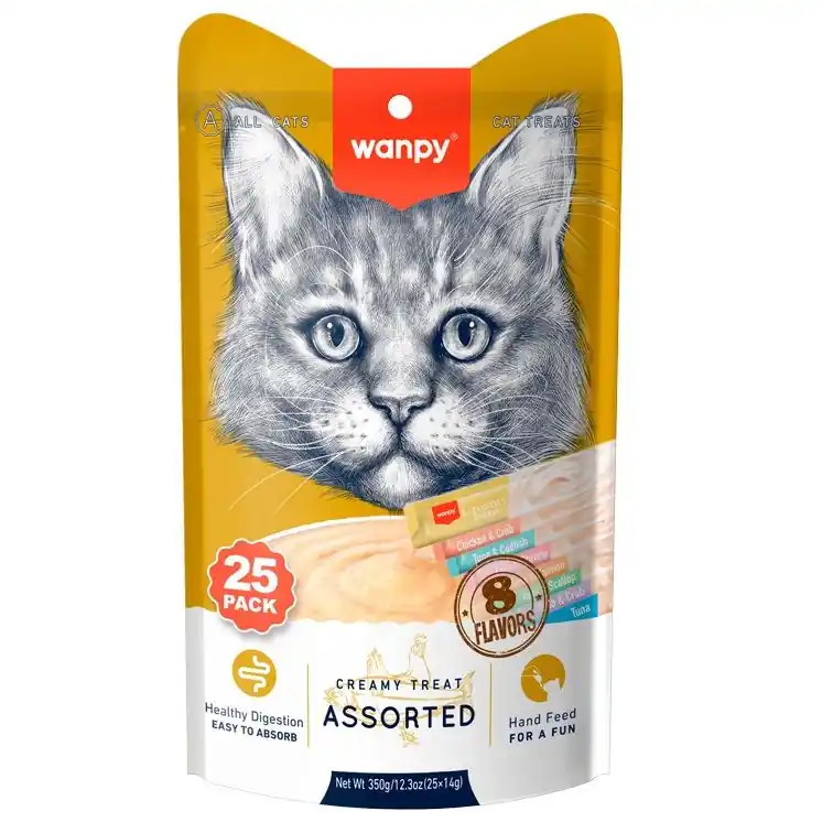 WANPY Creamy Lickable Cat Treats Assorted, cu Pui, Ton, Somon, Cod, Creveti, plicuri 25x14 g – Recompensa Cremoasa Superpremium pentru Pisici, Naturala si Usor Digerabila Doar azi