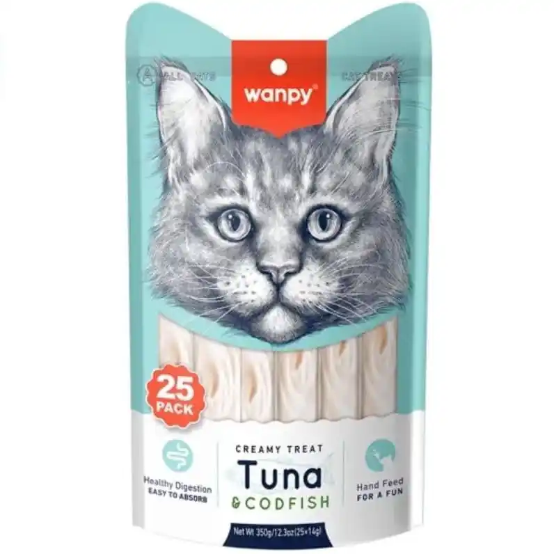 Expediere rapidă WANPY Creamy Lickable Cat Treats cu Ton si Cod, plicuri 25x14 g – Recompensa Cremoasa Superpremium pentru Pisici, Naturala si Usor Digerabila