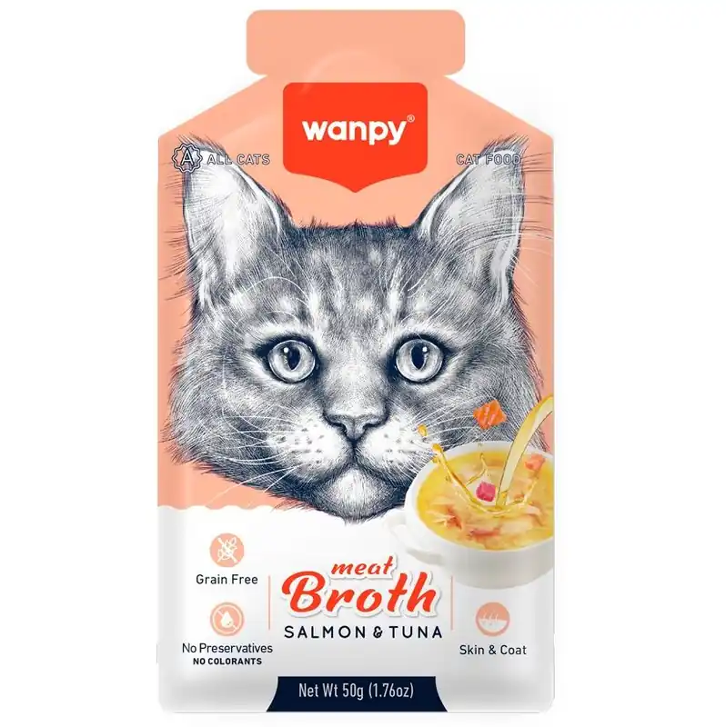 WANPY Meat Broth 50 g – Supă Fără Cereale cu Ton si Somon pentru Pisici, cu Taurină și Ulei de Somon Retur ușor