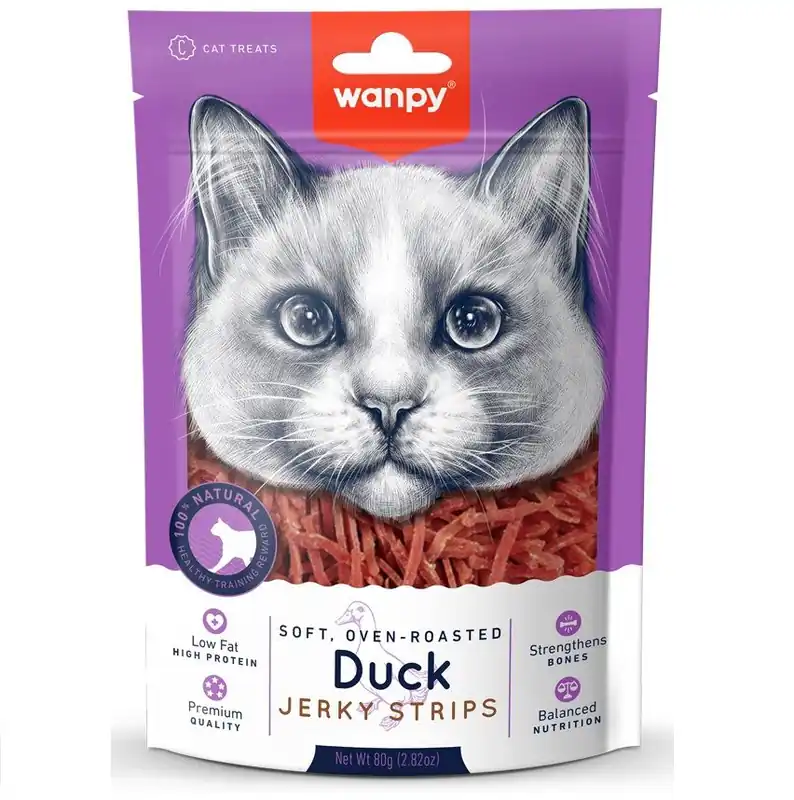 Reducere specială WANPY Soft Jerky Strips cu Rată, 80 g – Recompensă Naturală Moale, Bogată în Proteine, pentru Pisici, Răsfăt Zilnic și Controlul Greutătii