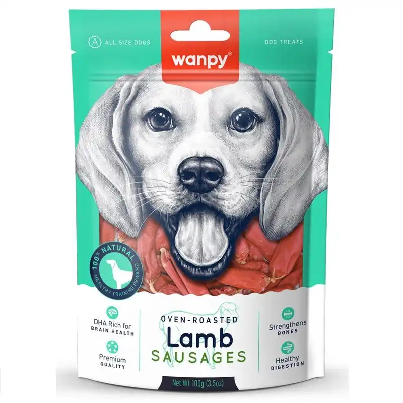 WANPY Oven Roasted Lamb Sausages, 100 g - Recompense Naturale pentru Caini, Carnati din Carne de Miel Copti la Cuptor pentru un Rasfat Sanatos si Igiena Orala Lichidare de stoc