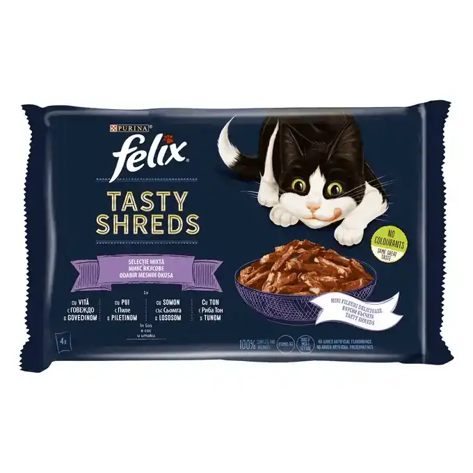 Ofertă de sezon FELIX Tasty Shreds, Selecție Mixtă cu Vită, Pui, Somon și Ton în Sos, Hrană Umedă pentru pisici (fasii delicate), 4×80 g