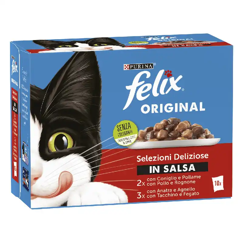 FELIX Original Selecții Delicioase în Sos, cu Iepure, Pui, Rață, Miel, Curcan și Ficat, Hrană Umedă Pentru Pisici Adulte, 10×85 g Promoție