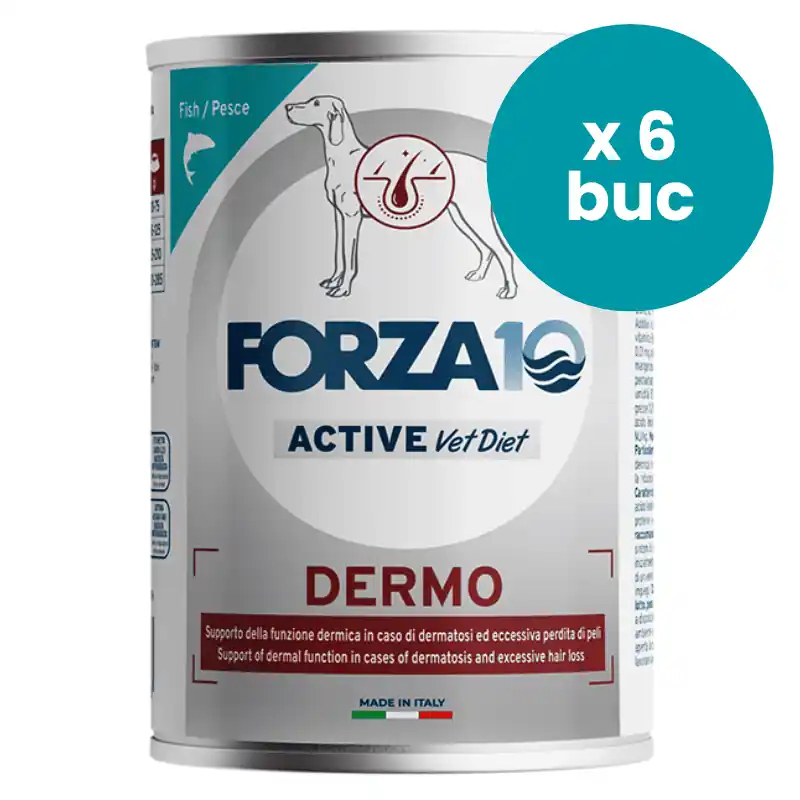 Cumpărături sigure FORZA10 Active Vet Diet Dermo, Dietă Umedă, Monoproteică cu Peste pentru Câini Alergici sau cu Afectiuni Dermatologice, Multipack 6x390 g