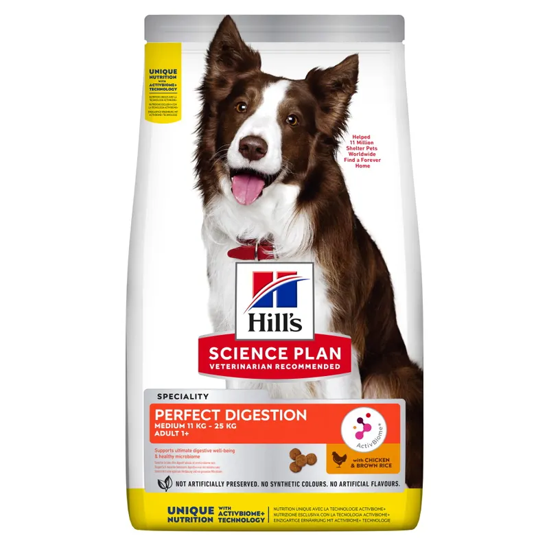 Nu rata HILL‘S Science Plan Perfect Digestion Adult Medium cu Pui si Orez Brun, 2.5 kg – Hrana Uscata pentru Caini Adulti de Talie Medie, cu Prebiotice ActivBiome+ pentru Digestie Sanatoasa