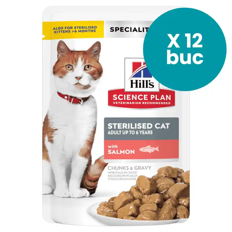 HILL‘S Science Plan Sterilised Cat Adult cu Somon, Box 12x85g – Hrană Umedă pentru Pisici Sterilizate, Suport pentru Sănătatea Urinară și Controlul Greutății Cumpărături sigure