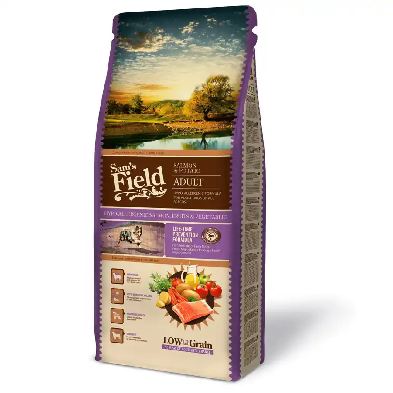 SAM‘S FIELD Adult Salmon & Potato 13 kg Hrana Uscata Super-Premium pentru Caini Adulti Formula Hipoalergenica cu Somon, Cartofi, Fructe si Legume Piele Sanatoasa si Blana Stralucitoare Reduceri