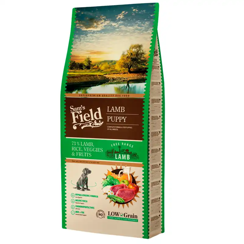 Ofertă exclusivă SAM‘S FIELD Puppy Lamb 13 kg Hrana Uscata Super-Premium pentru Catei Formula Hipoalergenica cu Miel, Orez, Fructe si Legume Crestere Sanatoasa, Digestie Usoara si Articulatii Puternice