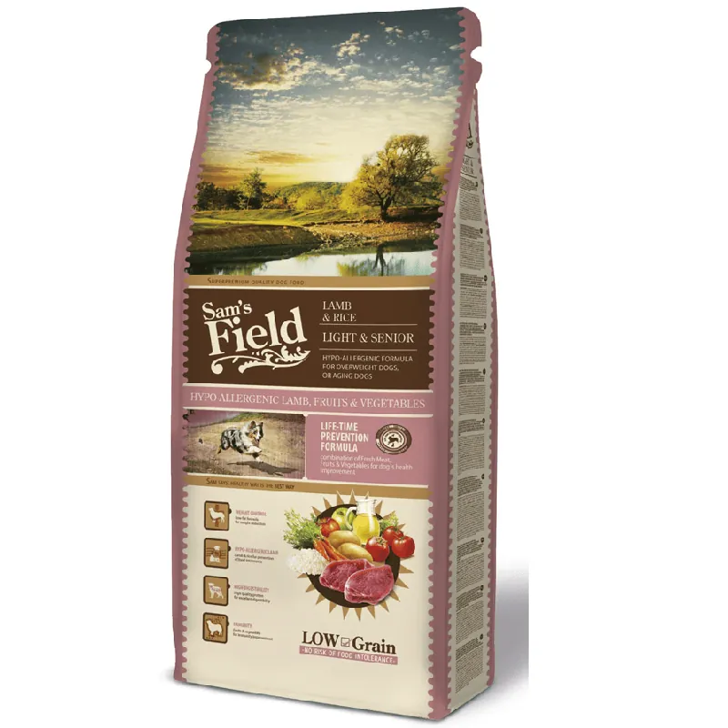 Ofertă limitată SAM‘S FIELD Lamb & Rice Light & Senior 13 kg Hrana Uscata Super-Premium pentru Caini Adulti Supraponderali sau Seniori Formula Hipoalergenica cu Miel, Orez si Legume Controlul Greutatii si Suport Articular