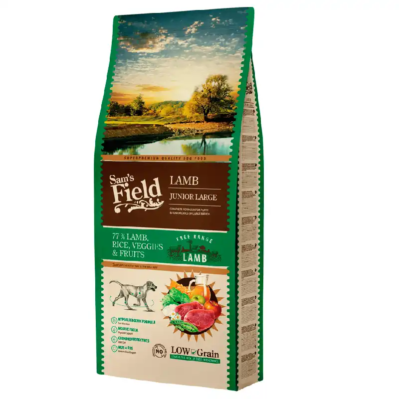 Calitate înaltă SAM‘S FIELD Junior Large Breed Lamb 13 kg Hrana Uscata Super-Premium pentru Catei din Rase Mari Formula Hipoalergenica cu Miel si Orez Crestere Sanatoasa, Articulatii Puternice si Digestie Usoara