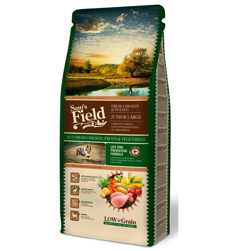 Ofertă limitată SAM‘S FIELD Fresh Chicken & Potato Junior Large 13 kg Hrana Uscata Super-Premium pentru Catei din Rase Mari Formula Hipoalergenica cu Pui Proaspat, Cartofi, Fructe si Legume Crestere Echilibrata si Suport Articular