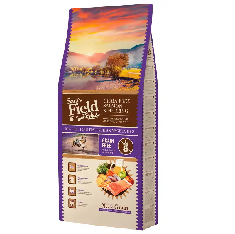 SAM‘S FIELD Adult Grain-Free Salmon & Herring 13 kg Hrana Uscata Super-Premium pentru Caini Adulti Formula Grain-Free cu Somon, Hering, Fructe si Legume Hipoalergenica, Bogata in Proteine si Omega-3 Calitate înaltă