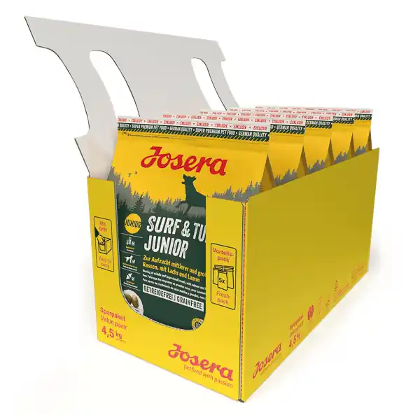 Cumpărături sigure JOSERA Surf & Turf Junior 5x900 g Hrană Uscată Premium Fără Cereale pentru Cătei si Câini Tineri de Talie Medie si Mare Cu Somon și Miel Dezvoltare Sănătoasă, Energie si Protecție pentru Inimă și Creier