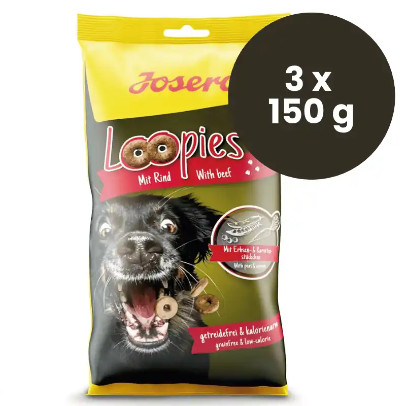 JOSERA Loopies Beef 3x150 g Recompense Delicioase pentru Caini Cu Proteina de Vita 30% Gust Irezistibil, Textura Crocanta si Energie Controlata Retur ușor