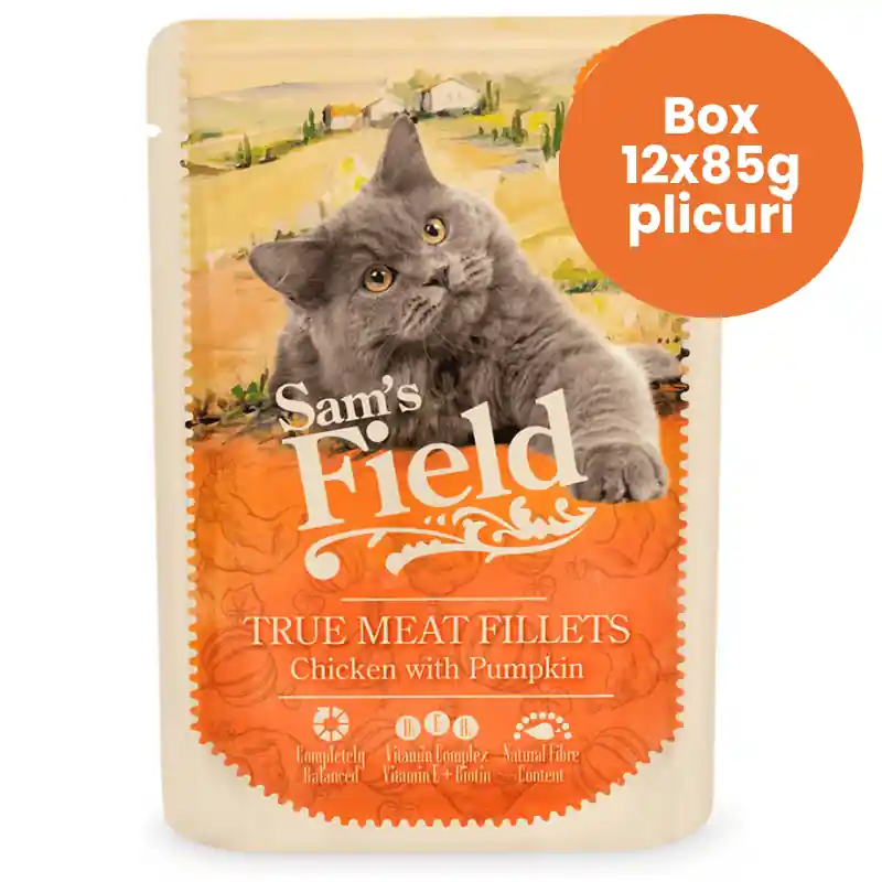 SAM‘S FIELD Cat Pouch Chicken & Pumpkin Box 12x85 g Hrana Umeda Superpremium pentru Pisici Adulte Fileuri de Pui si Dovleac Reteta Naturala pentru Digestie Sanatoasa si Vitalitate Ofertă limitată