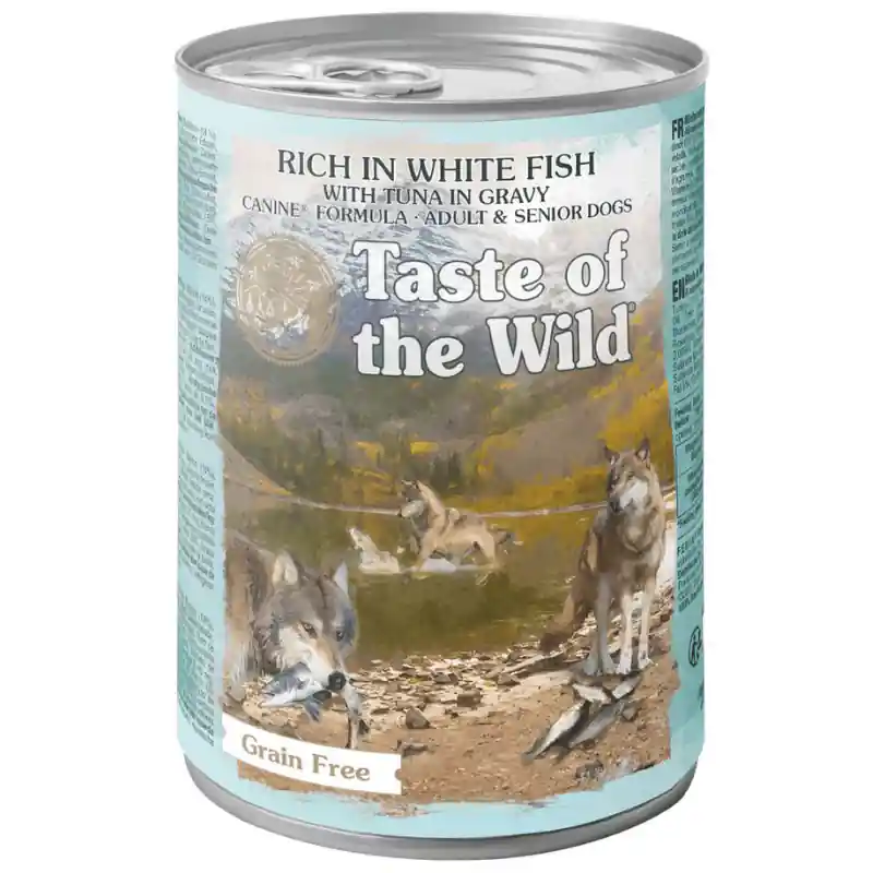 TASTE of the WiILD Canine Recipe with White Fish & Tuna in Gravy 390 g Hrana Umeda Fara Cereale pentru Caini Adulti si Seniori cu Peste Alb, Ton si Pasare Ofertă limitată