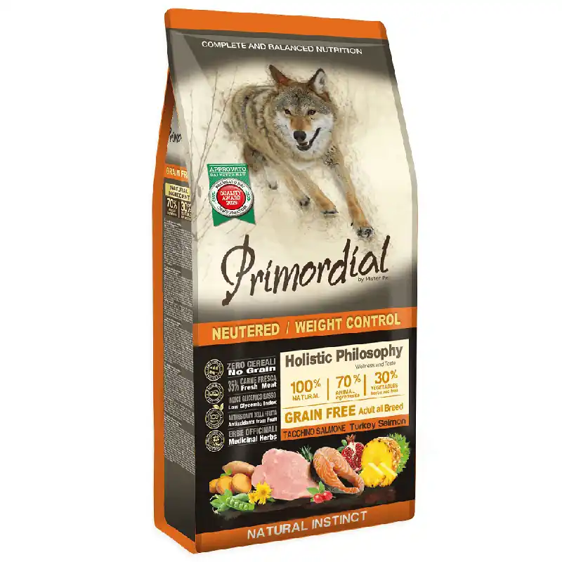PRIMORDIAL Grain-Free Holistic Dog Adult Weight Control Curcan si Somon 12 kg Hrana Uscata Fara Cereale pentru Caini Sterilizati sau Supraponderali Controlul Greutatii si Vitalitate Promoție