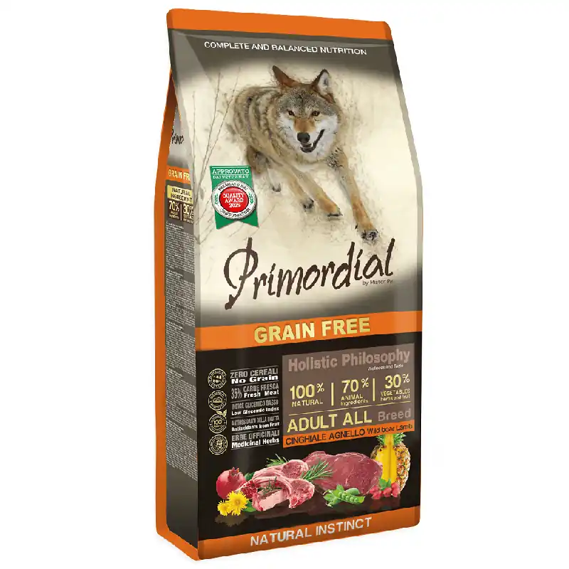 Ultima șansă PRIMORDIAL Grain-Free Holistic Dog Adult Mistret si Miel 12 kg Hrana Uscata Fara Cereale pentru Caini Adulti de Toate Taliile Nutritie Holistica Naturala si Energie Sustenabila