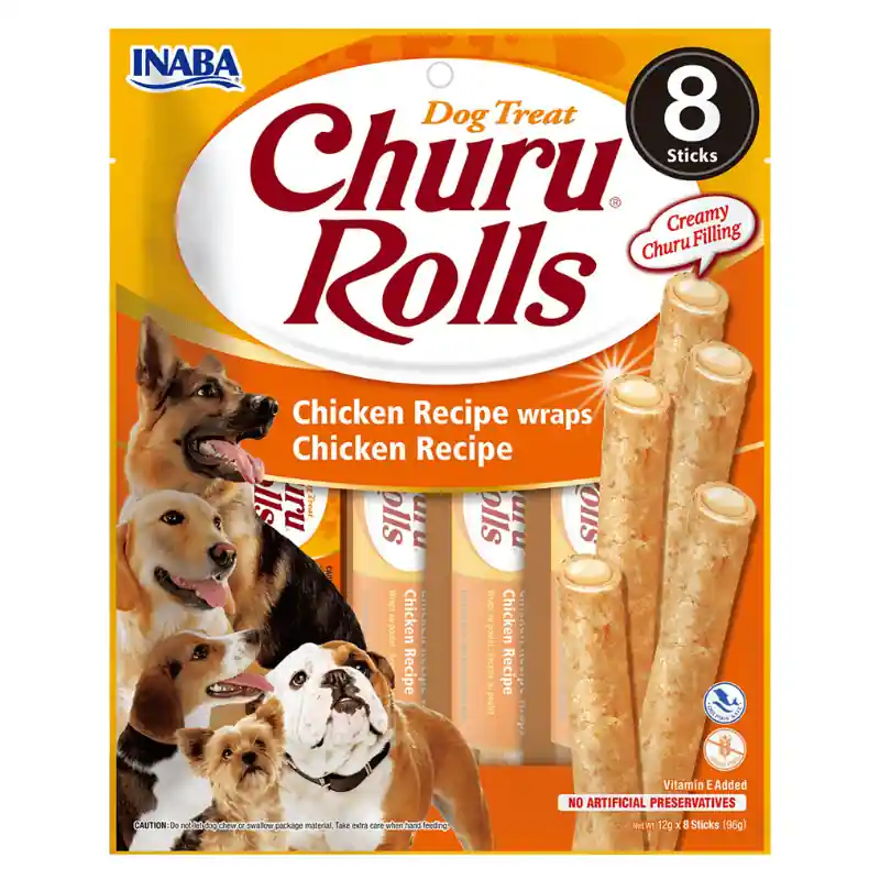 CHURU Rolls Chicken Recipe 8x12 g Recompense pentru caini, Reteta cu Pui, Textura Moale si Umplutura Cremoasa Preț mic