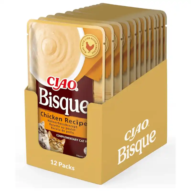CIAO CHURU Bisque Cat Food Piure Fin de Pui Box 12x40 g Hrana Complementara Umeda pentru Pisici Delicioasa si Sanatoasa, Fara Cereale, Topping Palatabil Vezi acum